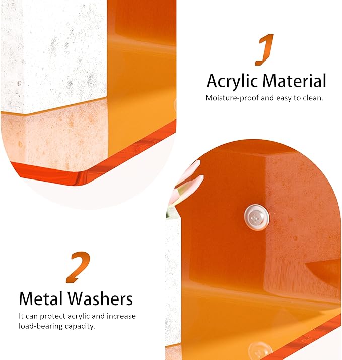 15 Inches Orange Acrylic Wall Shelves 2 Pack, L Shape Floating Shelf, Perspex Wall Mounted Shelves for Home Décor, Model Car, Candle, Calendar, Towel, Tissue
