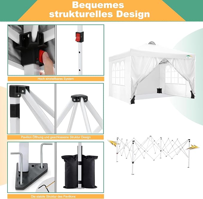 COBIZI 3x3 Outdoor Gazebo, Heavy Duty, Foldable, Waterproof, UV Protection 50+, Adjustable Height, for Garden, Parties, Market, Camping (White)