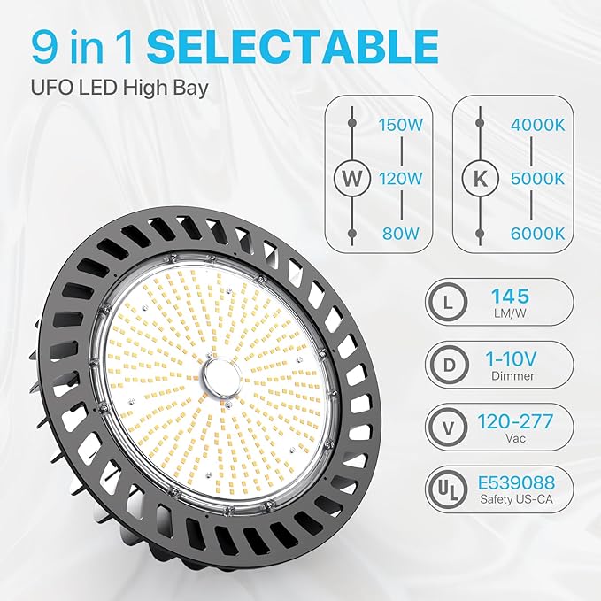 HYPERLITE LED High Bay Light 150W 21,750lm 5000K 1-10V Dimmable UL Listed US Hook 5' Cable Alternative to 650W MH/HPS for Gym Factory Warehouse 10-Pack