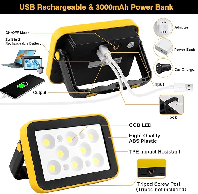 Rechargeable Flood Light with Tripod Hole, Portable COB Work Light Battery Operated, LED Work Lights Waterproof 180° Rotate for Job Site Garage Camping Car Repair, Gifts for Men