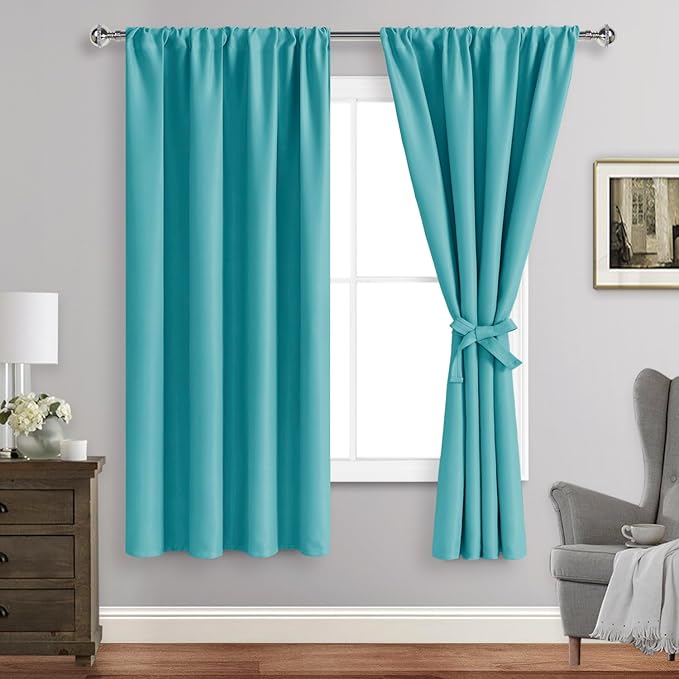 JIUZHEN Blackout Curtains - Thermal Insulated, Light Blocking, Rod Pocket with Tiebacks, Room Darkening, 42 x 63 Inch, 2 Panel Set, Turquoise
