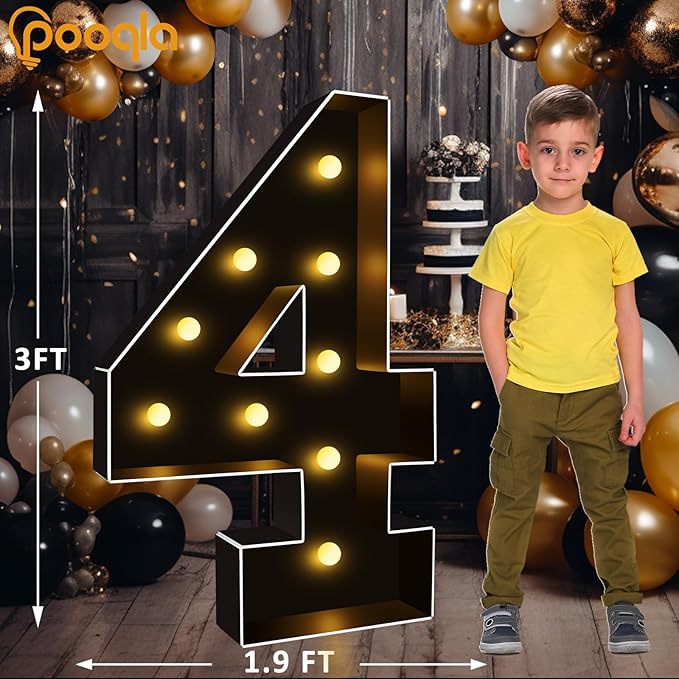 Pooqla 3FT Marquee Light Up Numbers, Black Lighted Party Decor for her him Women Men, Giant Mosaic Light Up Numbers for 4th 14th 40th Birthday Anniversary Decoration, Number 4