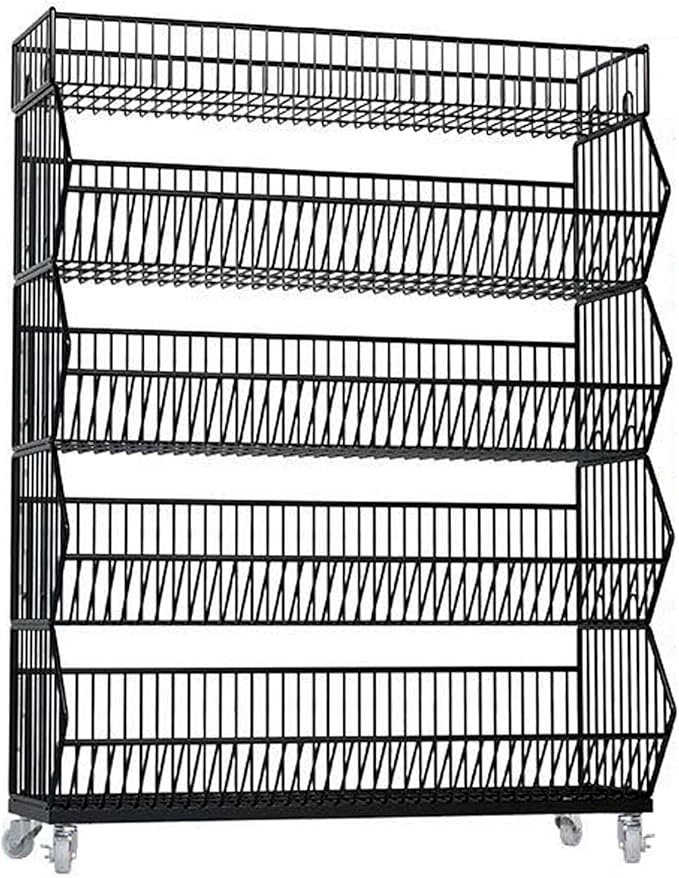Commercial Supermarket Display Cart - 5-Tier Industrial Slanted Rolling Shelves Metal Storage Rack for Retail Store, Warehouse & Home Use, 110LBs/Tier Tool-Free Setup