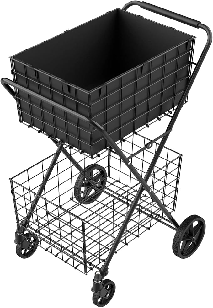 [2025𝐍𝐄𝐖] 2-Tier Extra Large Collapsible Grocery Cart On Wheels, 400lbs Shopping Cart For Groceries With 2 Removable Baskets, Waterproof Liner, Heavy Duty Foldable Shopping Utility Cart For Seniors