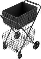 [2025𝐍𝐄𝐖] 2-Tier Extra Large Collapsible Grocery Cart On Wheels, 400lbs Shopping Cart For Groceries With 2 Removable Baskets, Waterproof Liner, Heavy Duty Foldable Shopping Utility Cart For Seniors