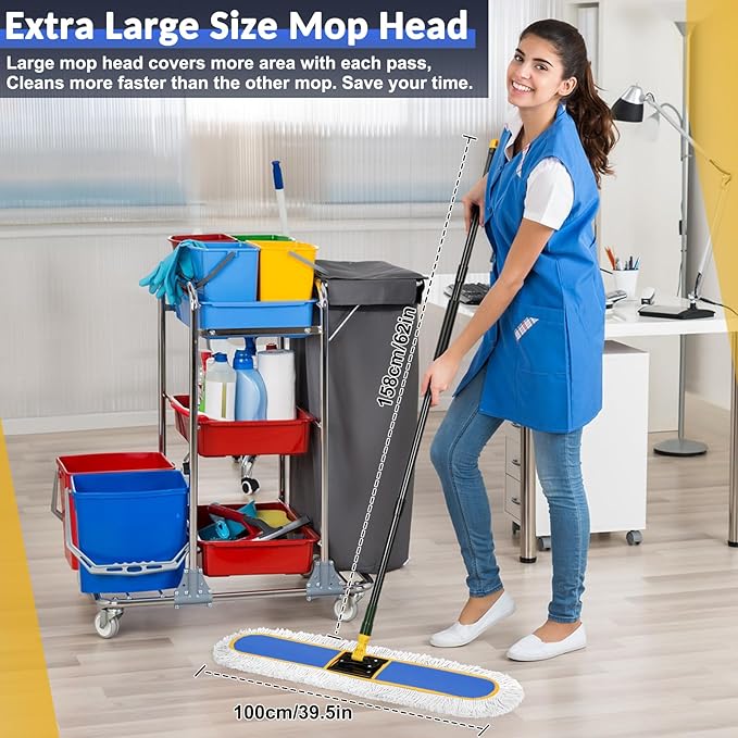 CLDREAM 24" Commercial Dust Mop for Floor Cleaning with 2 Replacement Mop Head, Large Industrial Push Broom Mops with 60" Long Handle,Wet Dry Floor Duster for Concrete Hardwood Tiles Marble Floors