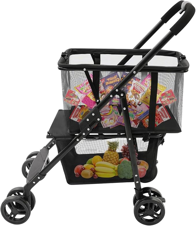 Heavy Duty Folding Shopping Cart with 44.09 lbs Capacity, 2-Tier Foldable Grocery Cart with Removable 56L+33L Bag,Portable Utility Carts for Market, Laundry, Picnic,Outdoor