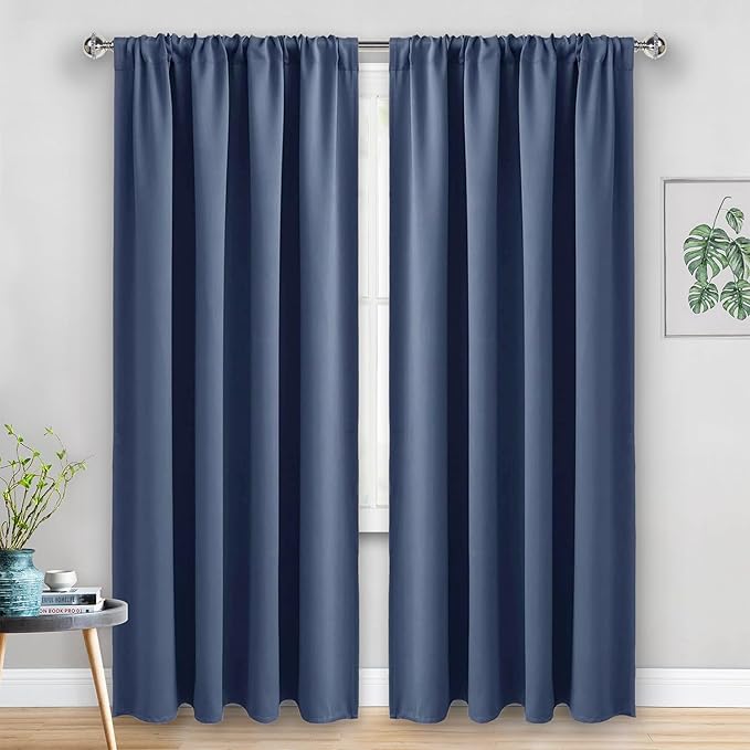 JIUZHEN Dusty Blue Blackout Curtains for Bedroom - Thermal Insulated Room Darkening Rod Pocket Curtains for Living Room, Set of 2 Panels with Tiebacks, 52 x 96 Inch Length, Dusty Blue