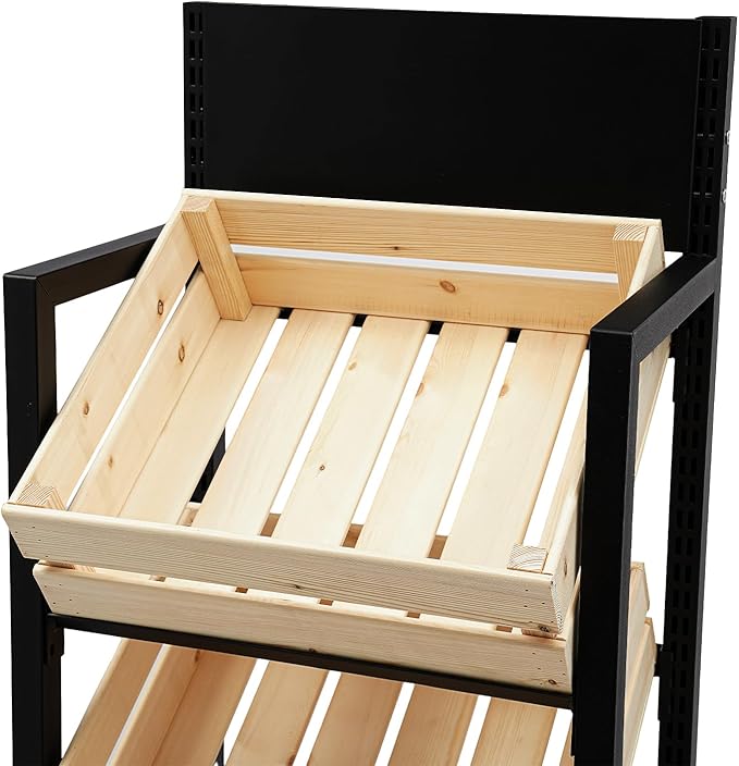 4 Tiers Retail Display Rack, Single Row Wood Market Shelf Commercial Fruit and Vegetable Basket Stand Rack Set Snack Pantry Shelf Unit for Kitchen, Office, Store, Supermarket