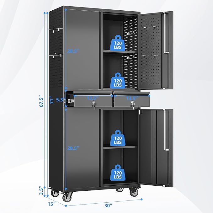 Aobabo 71" H 2 Drawer Metal Storage Cabinet with Wheels and 4 Pegboards,Lockable Steel Garage Storage Cabinet with 2 Adjustable Shelves,Black,Assembly Required