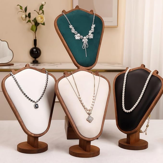 Walnut Color Body Wood Necklace Display Stand with Beige Flannelette Soft Mat Necklace Holder Organizer Desktop Stand for Home Store Dresser-4.45"x8.4"x12"
