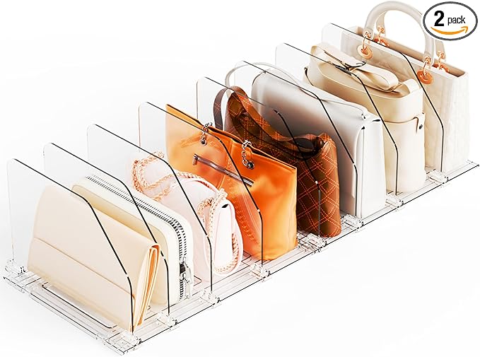 Yieach 2 Pack Acrylic Purse Organizer for Closet - Adjustable Purse Storage and Bag,Handbag Organizers,Clear Shelf Dividers for Closet Organization,Towel,Purse Divider & Display and Clutch Organizer