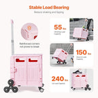 VEVOR Foldable Utility Cart, 65L Collapsible Portable Crate Rolling Cart with Stair Climbing Wheels & 360° Swivel Wheels, Hand Cart with Telescoping Handle for Shopping Office Moving Teacher, Pink