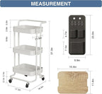 DTK 3 Tier Metal Utility Rolling Cart with Table Top and Side Bags, Metal Tray Storage Organizer Cart with Wheels, Art Craft Cart with 4 Hooks for Kitchen Bathroom Office Living Room (White)