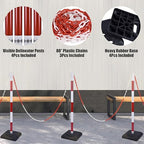 4 Pack Red White Portable Work Zone Chain Post Set, Premium Crowd Control Stanchion Sets, 40" H Traffic Delineator Post Cones with Heavy Rubber Base, 80" Plastic Chain Barriers