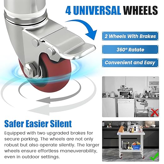 Stainless Steel Table for Prep & Work with 4 Caster Wheels with Adjustable Undershelf 24 x 30 NSF Metal Commercial Kitchen Worktable for Restaurant Home Outdoor