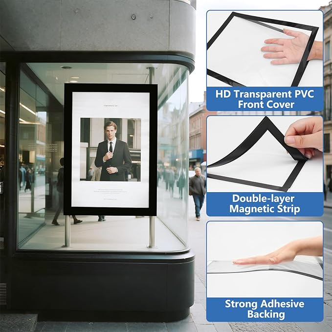 50 Pack Magnetic Sign Holder, 8.5in x 11in Self Adhesive Wall Mount Magnetic Document Holder, Magnetism Border Sign Holder with Transparent PVC Front Cover