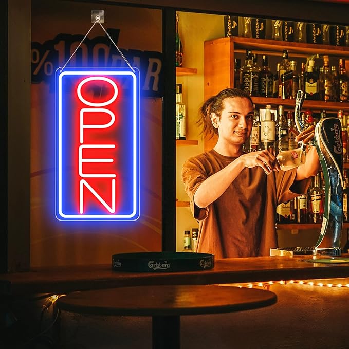 Led Neon Open Signs for Business,16.5"X 9" Ultra Bright Open Signs, Powered by 12V/2A AC Adapter, 6 Levels Adjustable Bright Led Neon Open Sign for Bar Salon Coffee Stores Club Hotel (Vertical)