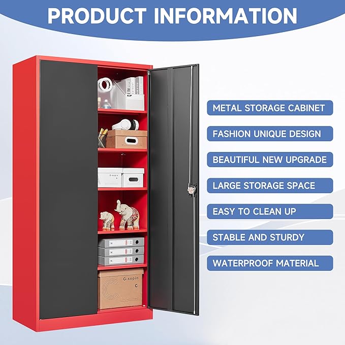 72 Inch Metal Cabinet,Lockable Storage Cabinet with 2 Doors and 5 Adjustbale Shelves,Tall Tool Cabinet Cabinet for Garage,Basement,Home Office,Gym(Red & Black)