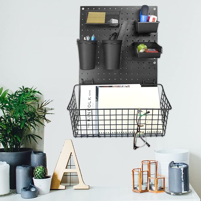 G.CORE 2 Pack Large Pegboard Baskets, Metal Shelves Hooks to 1/8" 1/4" Peg Boards, Peg Board Baskets Bins Set - Organize Tools Workbench Accessories Garage Storage Wall Mount Organizer Attachments