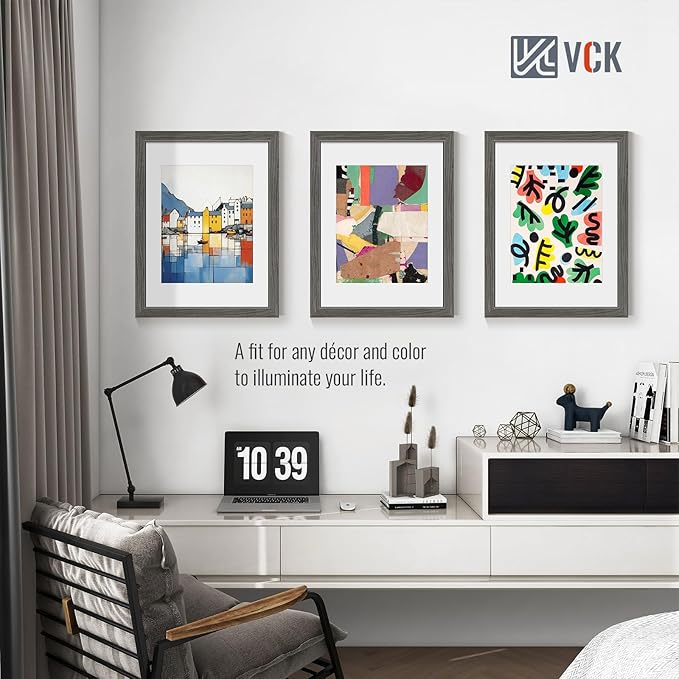 VCK 12x16 Picture Frame 5 Pack - Grey, High-End Wood Poster Frames with Tempered Glass, Display 8.5x11 Photo with Mat or 12x16 without Mat, Art Gallery-Quality, Wall Hanging, Grey