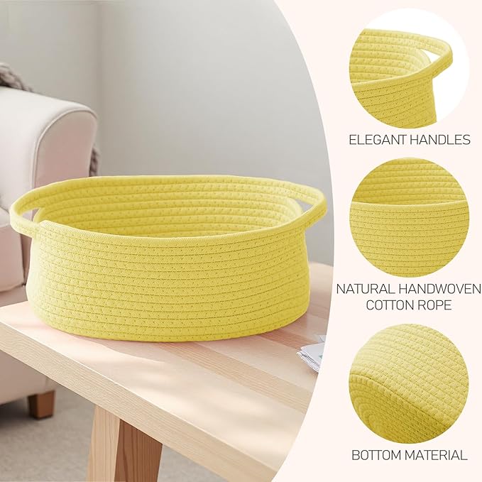 Woven Basket,Small Rope Storage Bin with Handles & Ribbon Bag, Organizer for Shelves Closets,Gift Basket Empty for Birthday,Books,Dog Toys, Yellow/3 Pack
