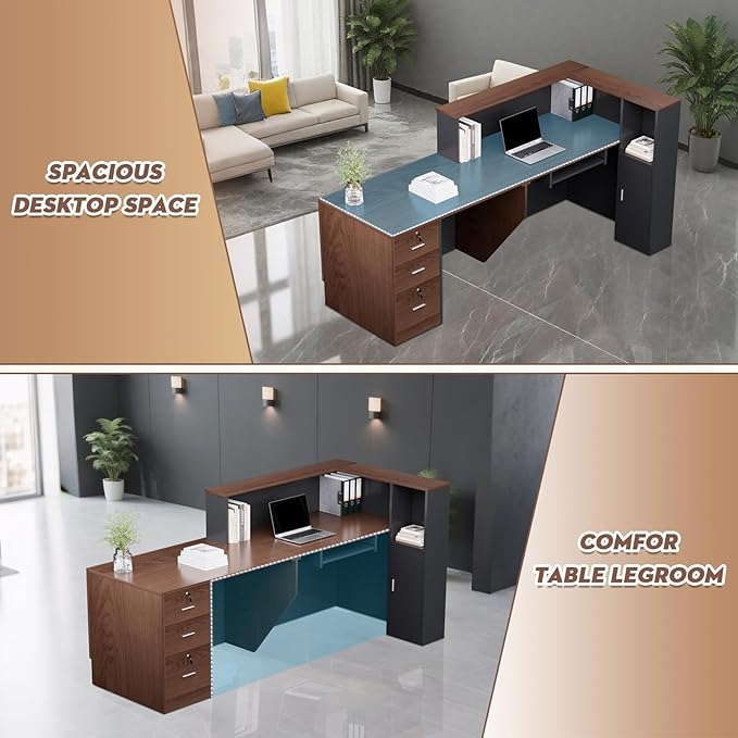 L-Shaped Modern Reception Desk with Counter & Storage - 84" Large Office Front Desk, Salon Checkout Counter with Lockable Cabinets, Shelves (Brown & Black, Left - 84''L x 34''W x 41''H)