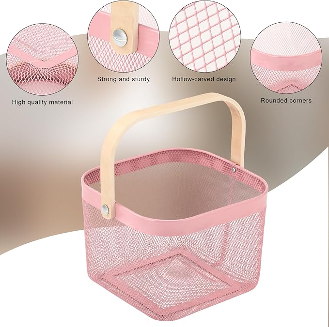 Roshtia 6 Pcs Metal Mesh Steel Basket with Handle, Square Wire Harvest Thanksgiving, Shopping Baskets for Retail Store Christmas Garden Bathroom Kitchen(9.65 x 9.65 x 7.09 Inch,Pink)