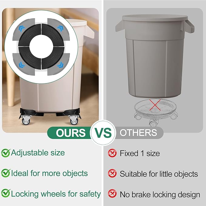 ToLanbbt Trash Can Dollies with Wheels, 15-19 in Adjustable Round Furniture Dollies Heavy Duty 440 LBS Drum Rolling Base Keg Carts for 20, 32, 44, 55 Gallon Garbage Cans, Black, 2 PCS