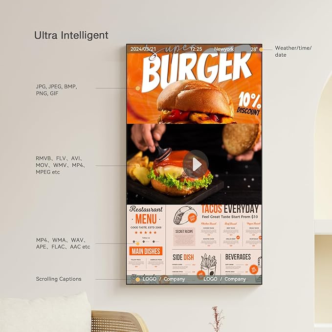 100inch Ultra-Slim Bezel-Less Digital Signage Display 4K HD 500 Nits Wall-Mountable Digital Signage Monitor 4+64G Android System HDMI Connectivity Ideal For Wayfinding Advertisingand More