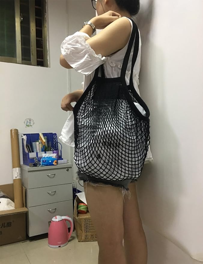 Portable Reusable Mesh Cotton Net String Bag Organizer Shopping Tote Handbag Fruit Storage Shopper NEW (black02)