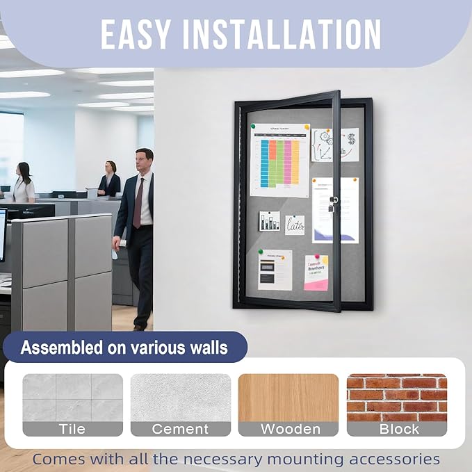 Enclosed Bulletin Board 36"x24" Outdoor Weatherproof Cork Noticeboard with Locking Door Wall-Mounted Gray Fabric Black Aluminium Frame for Home, School, Office, Community, Hospital