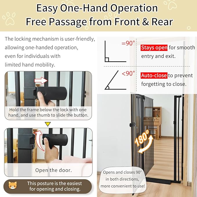 Lumizone Extra Tall Cat Gate 61.02" High Pressure Mounted Extra Wide 2025 New (17 Sizes) 1.37" Gap No Drilling Auto-Close One-Handed Operation Tall Pet Gate for Dogs(Black, 61.02" H x 38.39"-42.51" W)