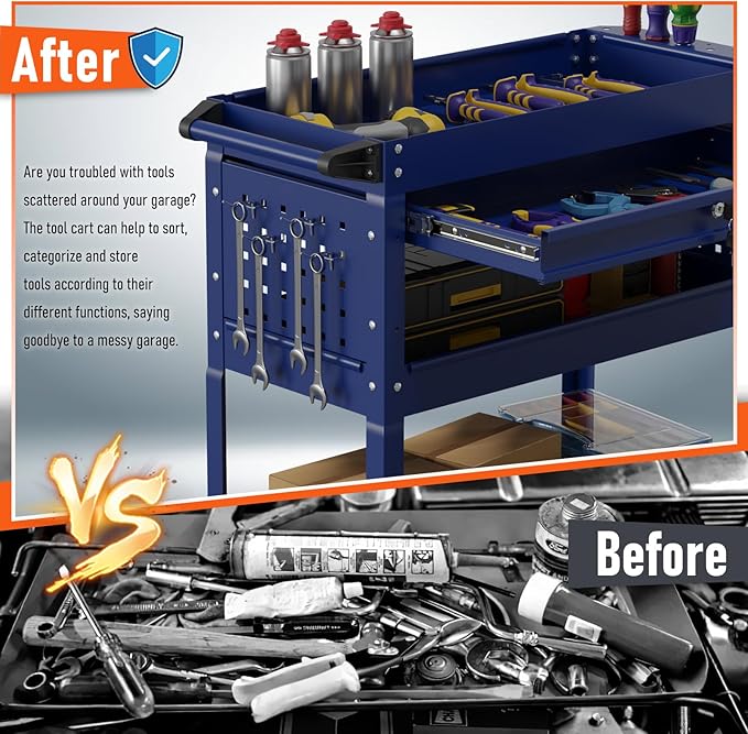 3 Tier Rolling Tool Cart, Heavy Duty Service Cart on Wheels for Mechanics,400 LBS Utility Cart with Drawers for Garage, Warehouse & Repair Shop (DARKBLUE)