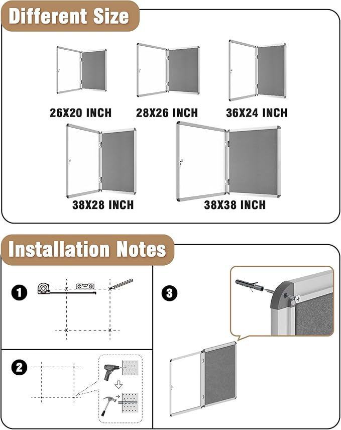 Mifuro 38"x28" Enclosed Bulletin Board, Lockable Weather-Resistant Aluminum Cork Noticeboard for School & Office, Silver Frame w/Grey Flet