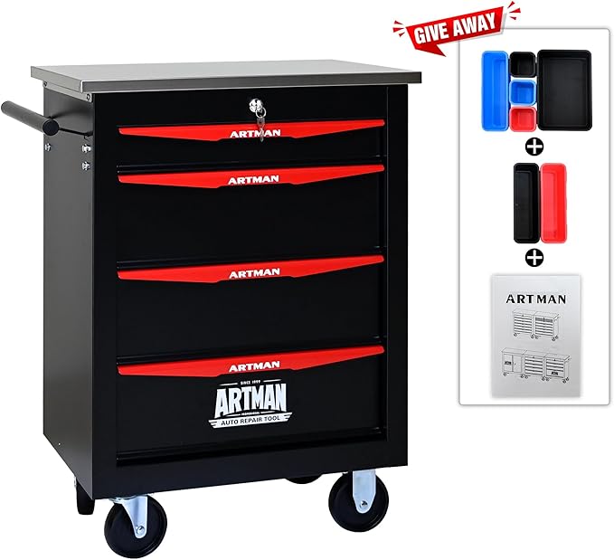 4-Drawer Heavy-Duty Rolling Steel Tool Cart with Handle&Wheels, Metal Storage Organizer Cabinet, Tool Chest for Efficient Tool Storage in Garage, Warehouse, Workshop, Repair Shop, Black&RED