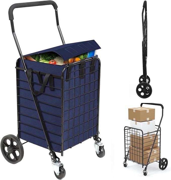 Folding Shopping Cart for Groceries, Grocery Cart with Waterproof Liner and 360° Swiveling Wheels Collapsible Shopping Carts for Condo Laundry Transport Trip