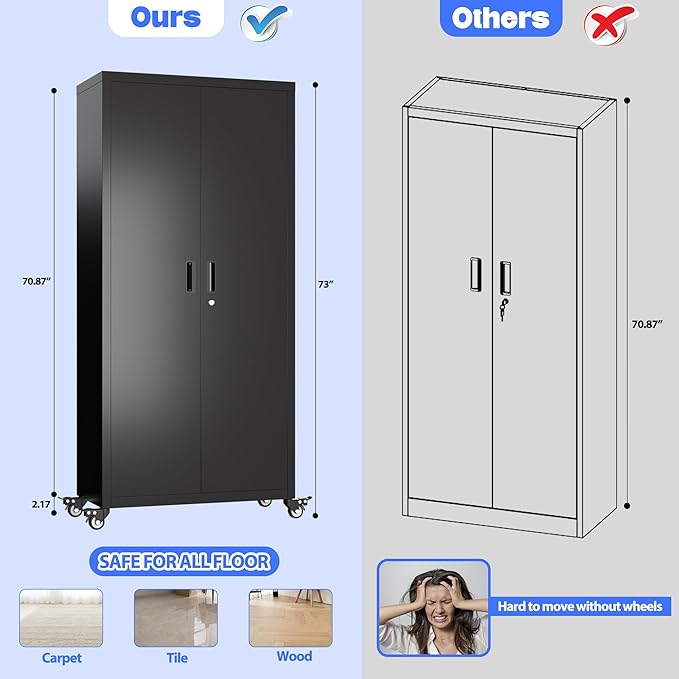 73" H×31.57" W×15.71" D Garage Storage Cabinet with Wheels, Metal Storage Cabinet with 4 Adjustable Shelves and Lockable Doors for Garage Home Office Utility Room,Required Assembly,Black