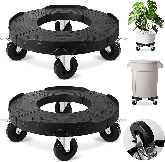 ToLanbbt Trash Can Dollies with 3 in Upgraded Wheels, 15-19 in Adjustable Round Furniture Dollies Heavy Duty 480 LBS Drum Rolling Base Keg Carts for 20, 32, 44, 55 Gallon Garbage Cans, Black, 2 PCS