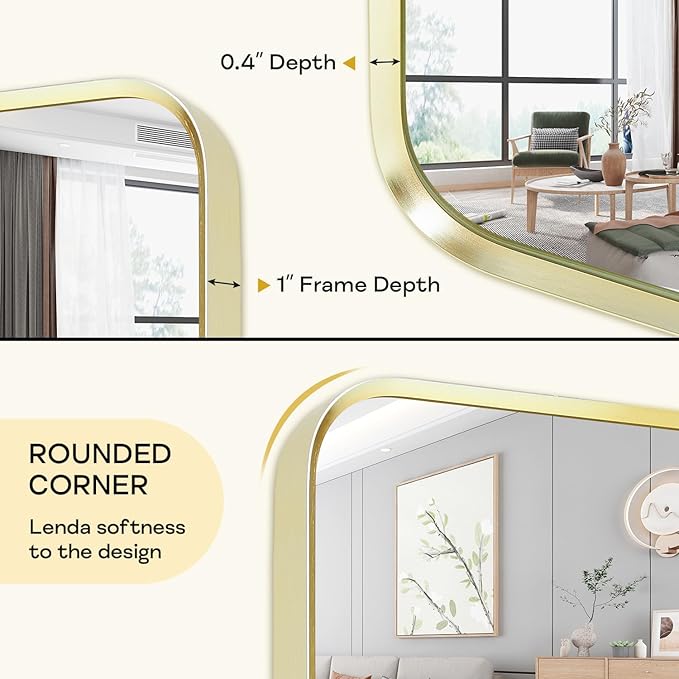 Gold Framed Bathroom Mirror, Brushed Gold Bathroom Vanity Wall Mirror, Rounded Rectangle Gold Frame Mirror, Tempered Glass, Anti-Rust, Hangs Horizontally or Vertically (24" x 32", Gold)