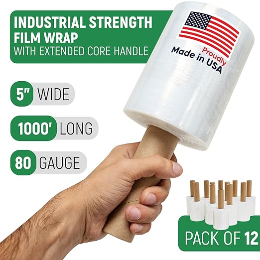 5" x 1000' Industrial Strength Mini Stretch Wrap with Extended Core Handles, Ready to Use Pack of 12 Clear Stretch Film Rolls, 80 Gauge, 500% Elongation - Shrink Wrap for Moving, Packing