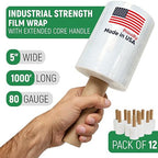 5" x 1000' Industrial Strength Mini Stretch Wrap with Extended Core Handles, Ready to Use Pack of 12 Clear Stretch Film Rolls, 80 Gauge, 500% Elongation - Shrink Wrap for Moving, Packing