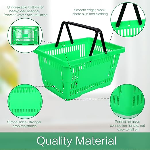 12 Pcs Shopping Baskets 20 L Plastic Store Retail Baskets with Handles 16.9 * 11.8 * 9.1 Inches for Market Grocery Supplies Thrift Convenience Storage(Green)
