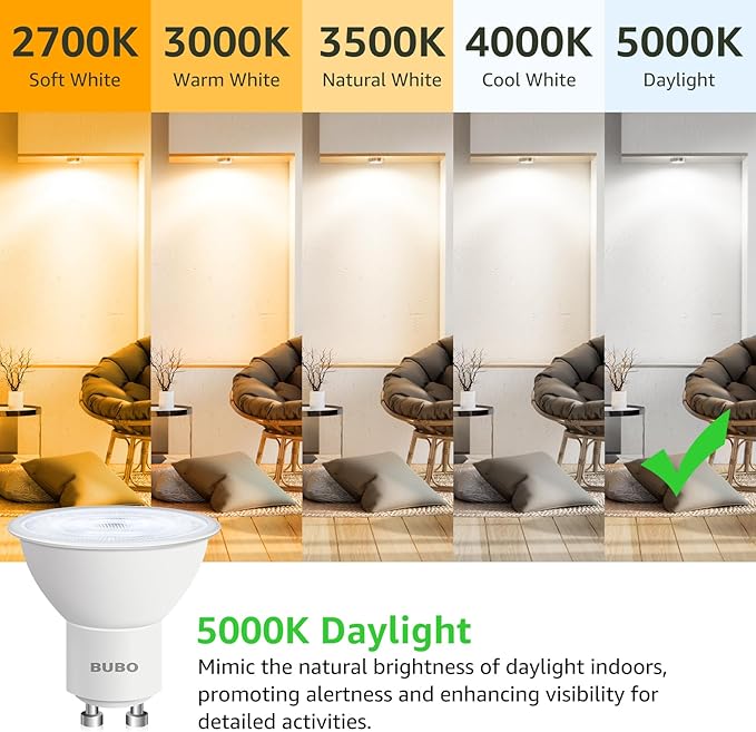 BUBO GU10 LED Bulb 6W Equivalent 50W, 5000K Daylight 650 Lumens, Non-Dimmable GU10 Bulb Replacement for Track Lighting, MR16 LED Bulb for Kitchen, Range Hood, Living Room, Bedroom, 6 Pack