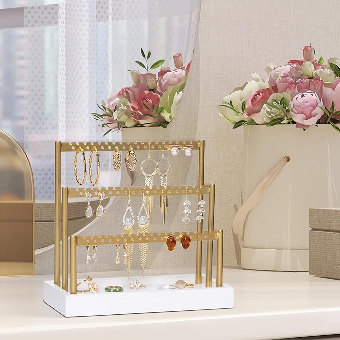 SANY DAYO HOME 3-Tier Earring Holder Organizer Stand, 105 Holes Gold Metal Earring Rack Jewelry Display Tree with White Wood Tray for Women and Girls