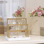 SANY DAYO HOME 3-Tier Earring Holder Organizer Stand, 105 Holes Gold Metal Earring Rack Jewelry Display Tree with White Wood Tray for Women and Girls
