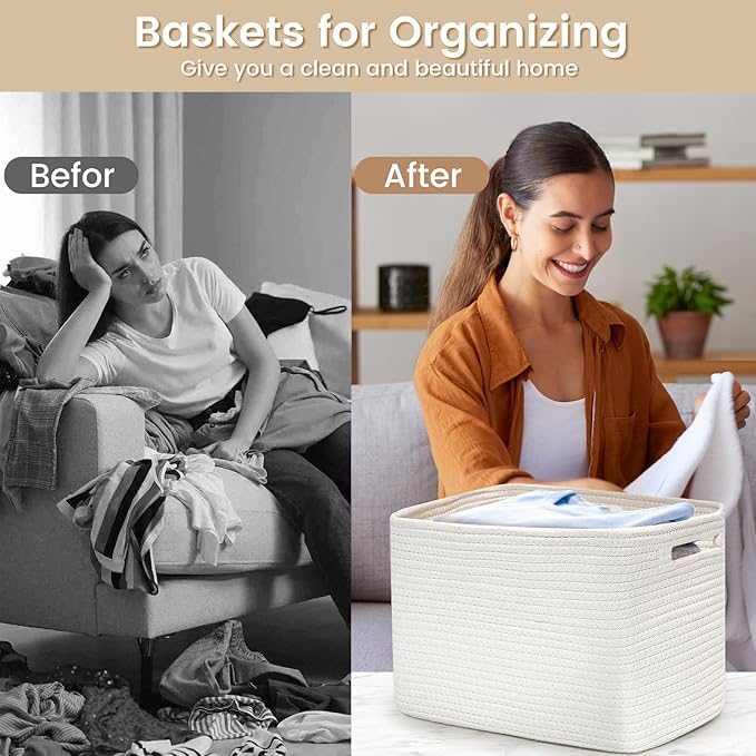3 Pack Shelf Woven Storage Basket, 15 x 10 x 9” Closet Rope Baskets For Organizing, Square Bins with Handles, White