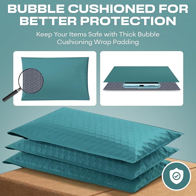 Green 10.5x16 Inch Large Poly Bubble Mailers #5 | Padded Envelopes with Self Seal | Air Lined Cushioned Bubble Mailer | Usable Size 10.5x15 | 200 Pack Bulk | Lightweight shipping Bags