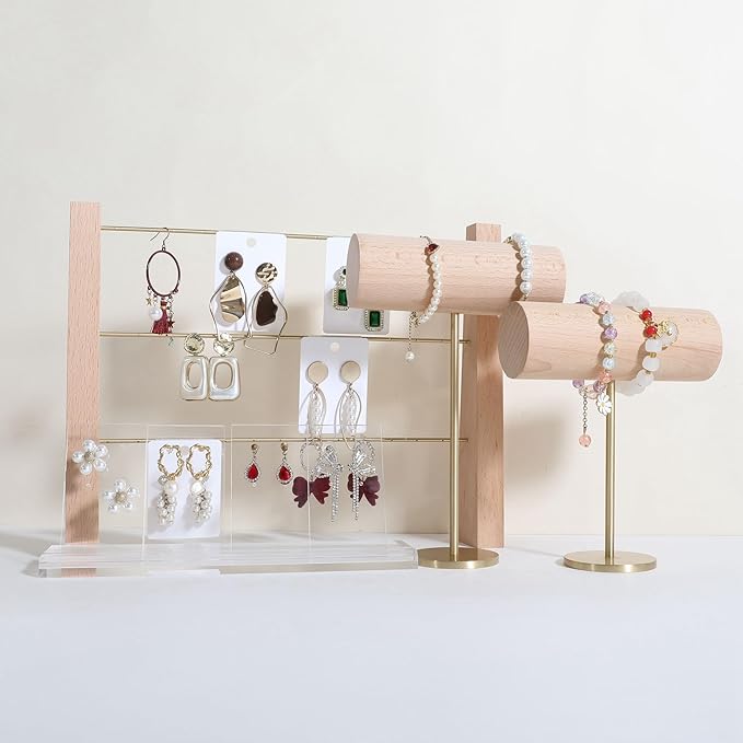 GemeShou Wood Bracelet Display Holder, White Jewelry watch organizer for selling, Retail Bangle Rack T Bar Stand Photo props【Beech Brass Bracelet Holder-High】