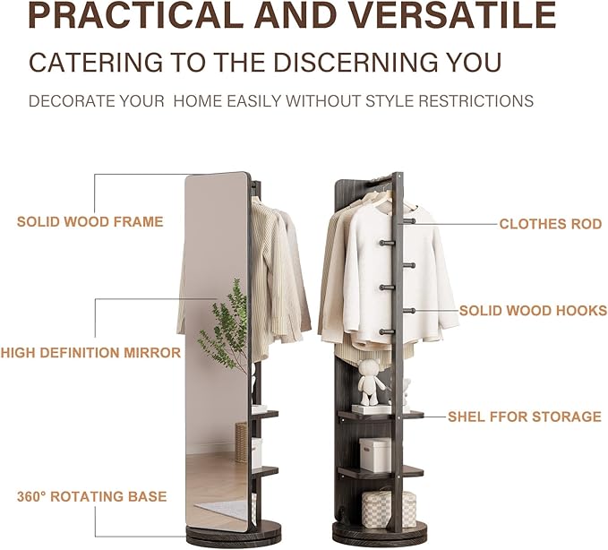 WoodsWhisper Full Length Mirror Coat Rack Solid Wood Floor Mirror 66"x12" Full Length Mirror with Stand Long Mirrors for Bedroom,Living Room